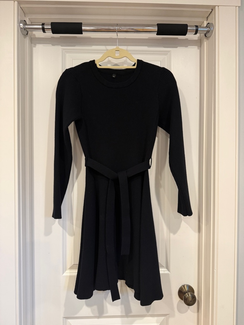 Long Sleeve Black Knit Belted Dress